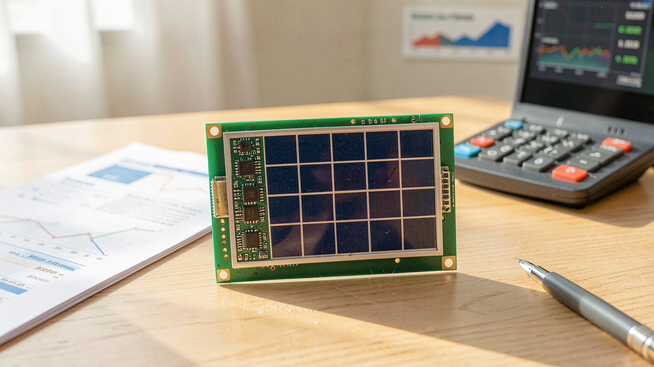 cellule photovoltaïque posée sur une table en bois avec des documents financiers et un calculateur, illustrant les économies possibles