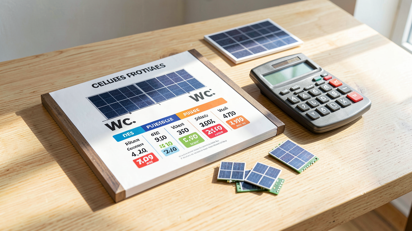cellule photovoltaïque prix tableau comparatif affichant les prix selon la puissance des cellules, posé sur une table en bois avec des panneaux solaires et une calculatrice
