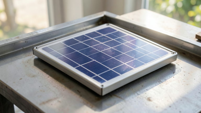 cellule solaire à souder fixée sur un cadre métallique, éclairée par la lumière du jour