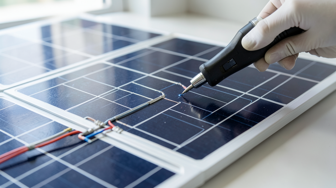 cellule solaire à souder en cours de test et validation sur un panneau photovoltaïque