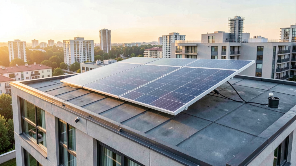cellule solaire (panneau photovoltaïque) installée sur le toit d'une maison urbaine moderne