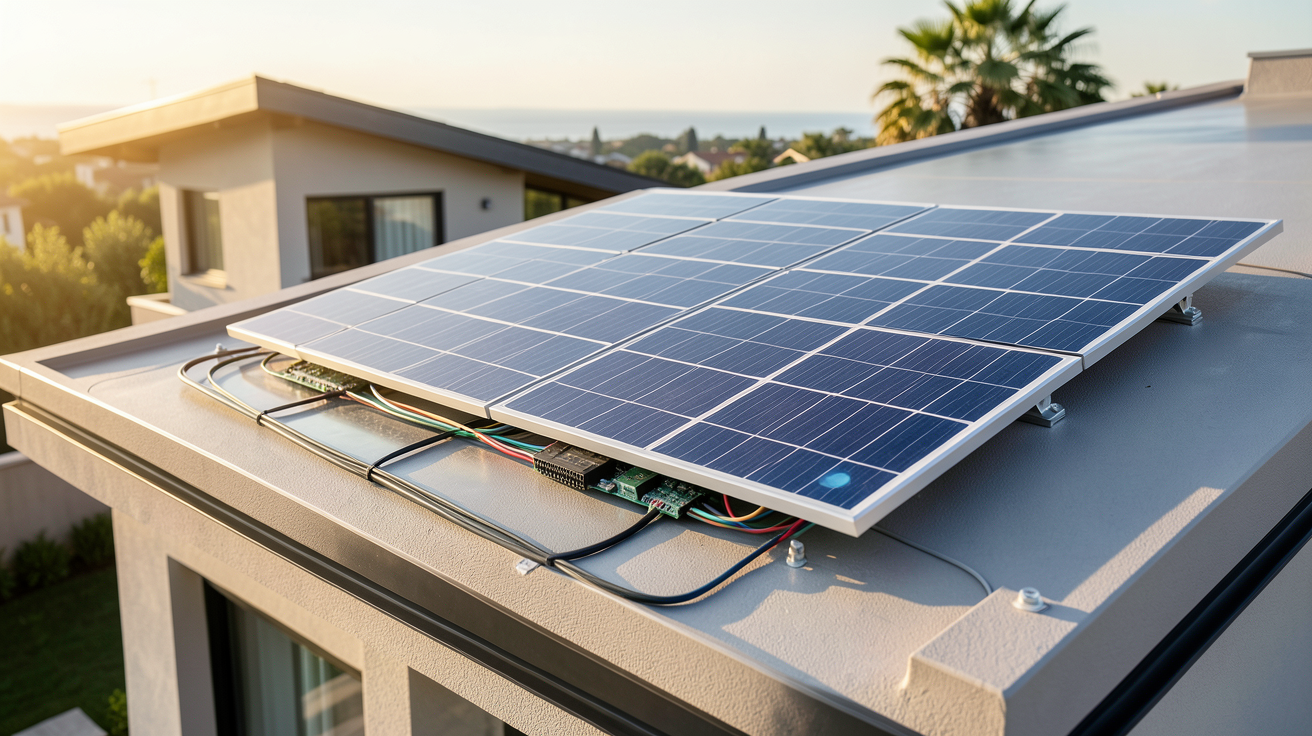 cellule solaire photovoltaïque intégrée dans un panneau installé sur le toit d'une maison moderne