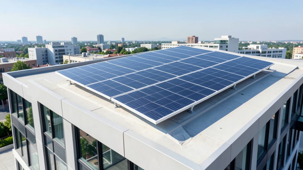 cellule solaire photovoltaique installée sur le toit d’un bâtiment moderne