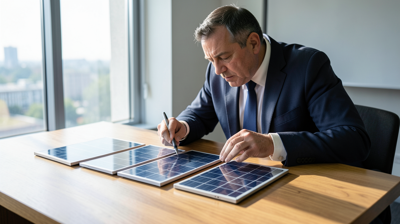 cellules photovoltaïque de différents types posées sur une table en bois, étudiées par un professionnel pour un projet solaire