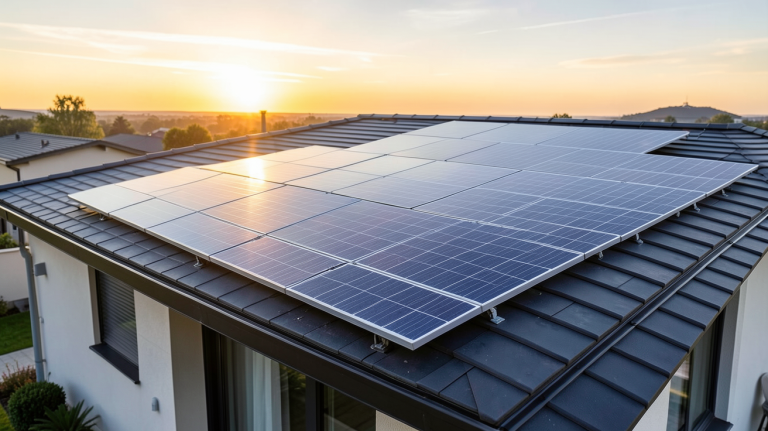 cellules photovoltaïques installées sur le toit d'une maison moderne sous un ciel ensoleillé