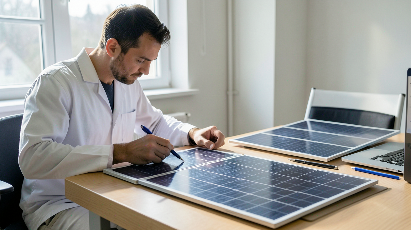 cellules photovoltaïques posées sur une table de travail avec un technicien les examinant pour choisir le bon modèle