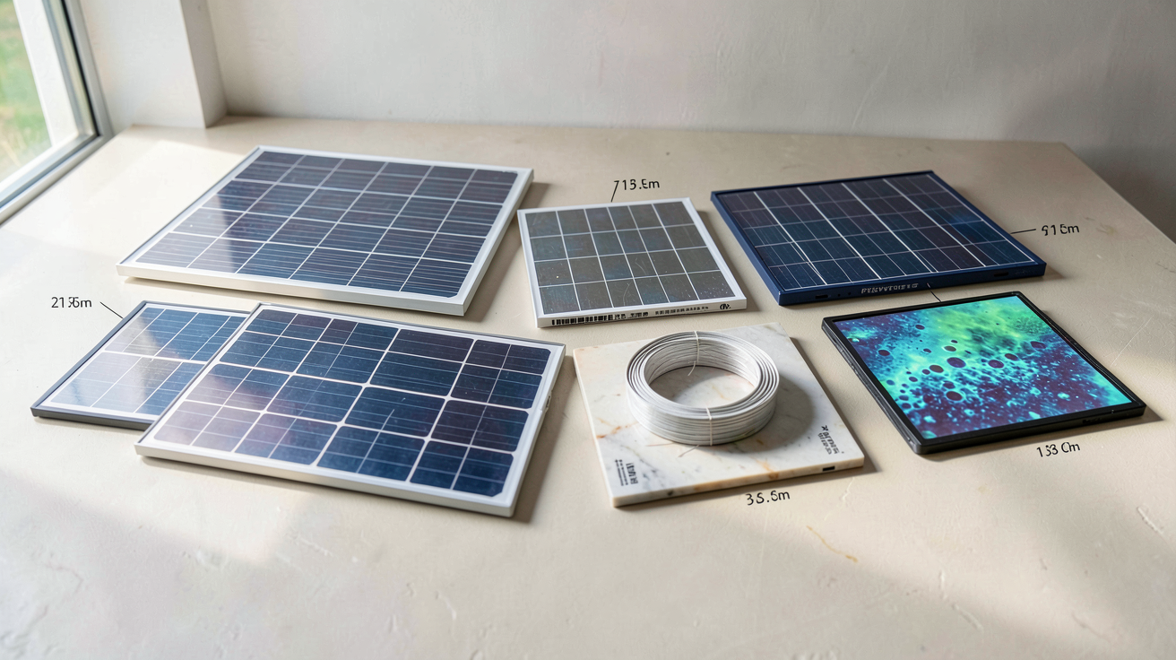 cellules solaires présentant différents types de cellules photovoltaïques (monocristallines, polycristallines, couches minces et pérovskites) disposées sur une surface plane