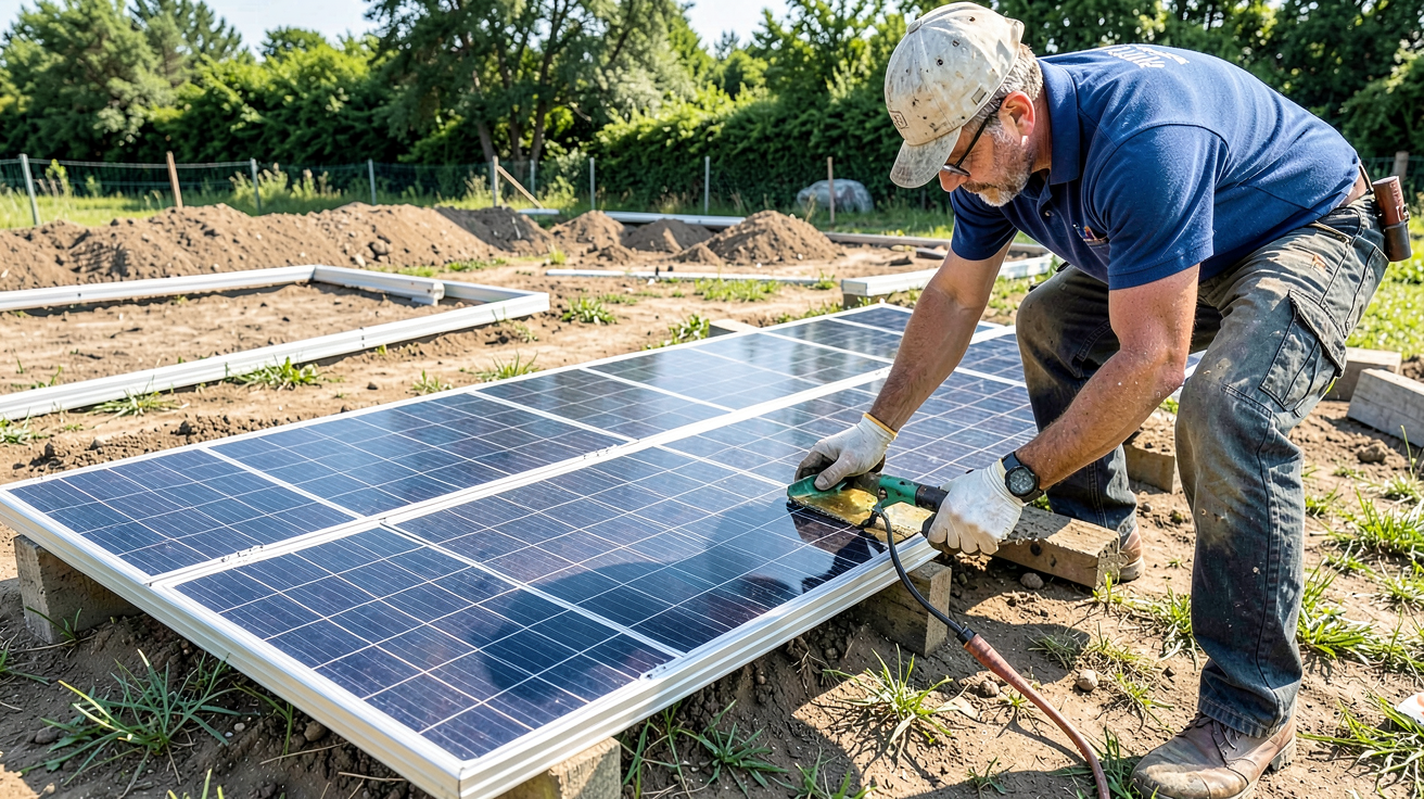 cellules solaires montrant les étapes d'installation, de l'étude de faisabilité à la mise en service, avec des techniciens et des panneaux photovoltaïques sur un toit ensoleillé