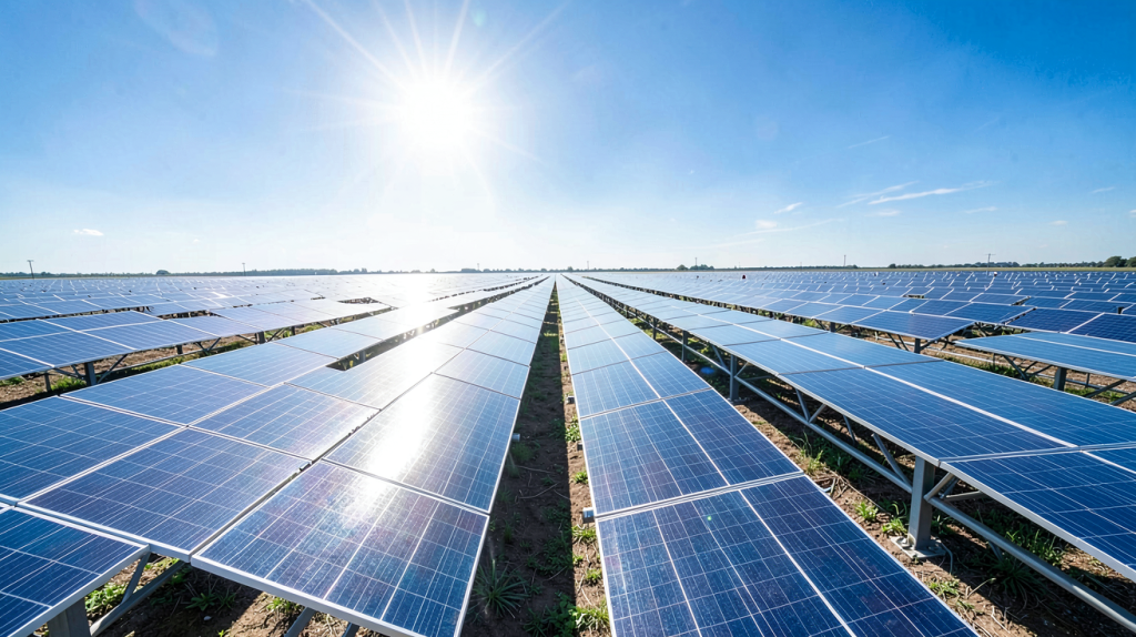 central photovoltaïque composé de nombreux panneaux solaires installés en champ ouvert sous un ciel dégagé