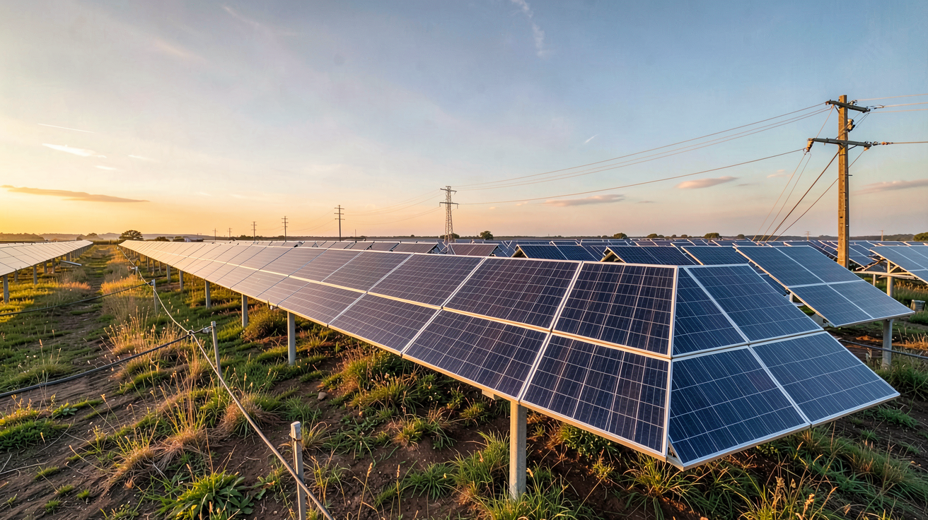 central photovoltaïque composé de panneaux solaires en champ ouvert sous un ciel dégagé