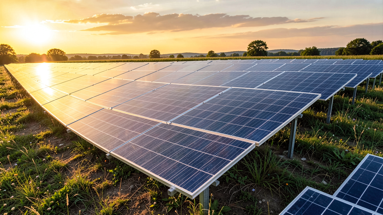 central photovoltaïque composé de panneaux solaires alignés dans un champ ensoleillé