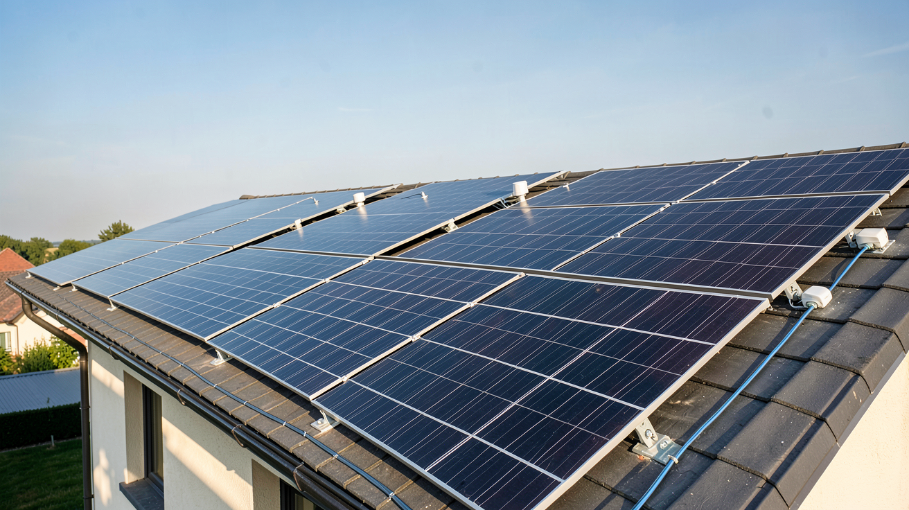 central photovoltaïque installé sur le toit d'une maison individuelle avec panneaux solaires noirs alignés