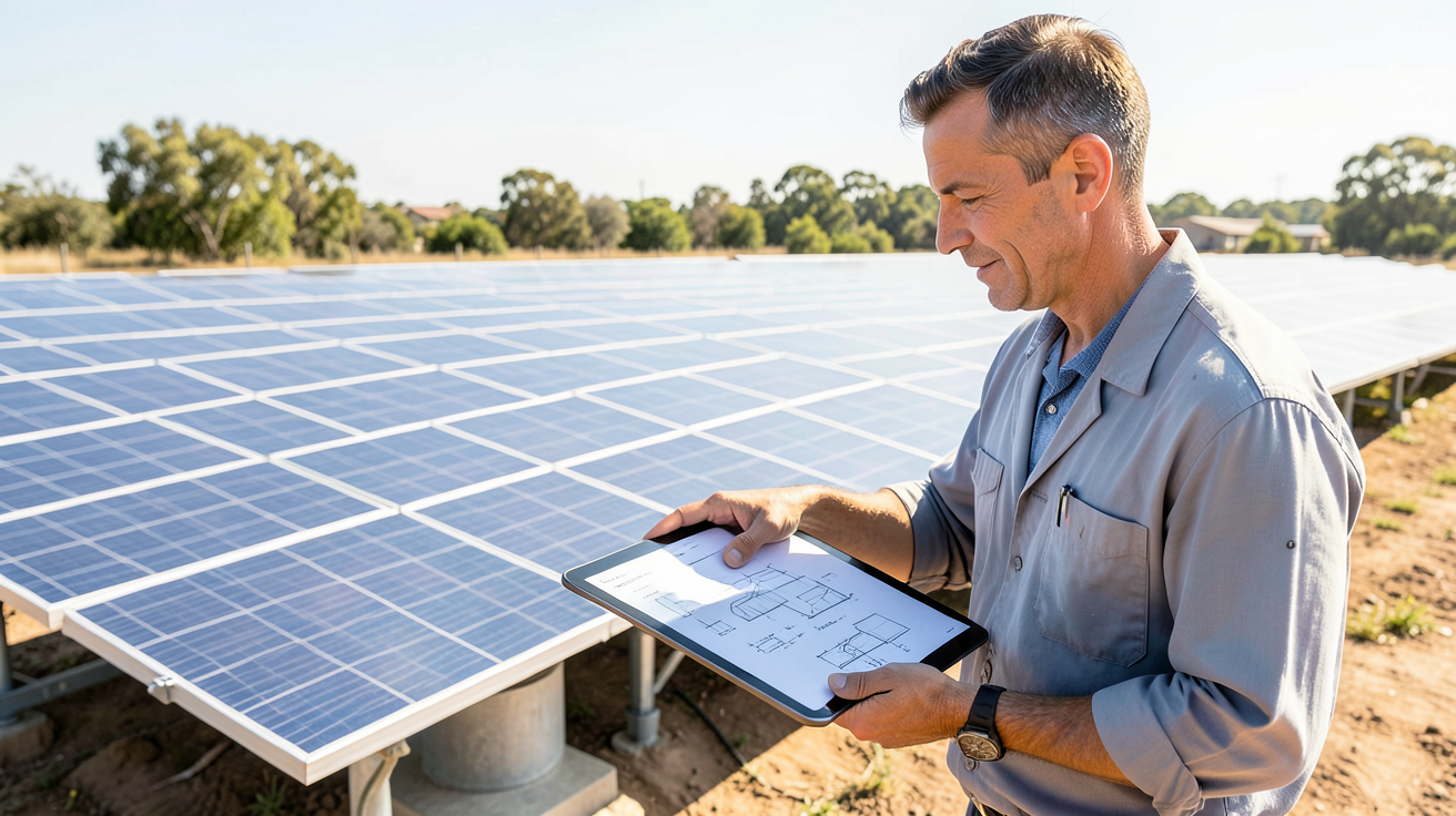 central solaire thermique dimensionnement pour l'habitat, ingénieur examinant des panneaux solaires thermiques et des plans détaillés sous une lumière du jour