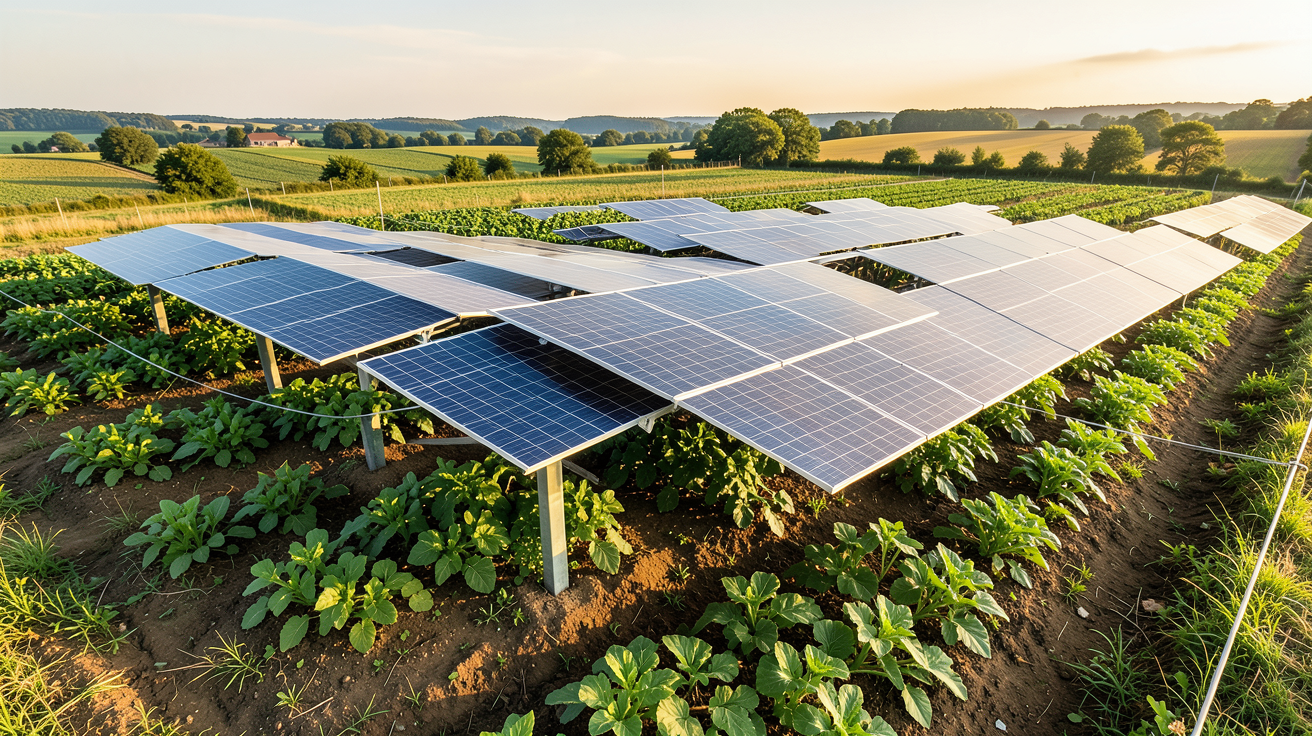centrale au sol photovoltaique installée au-dessus de cultures agricoles dans un projet d'agrivoltaïsme
