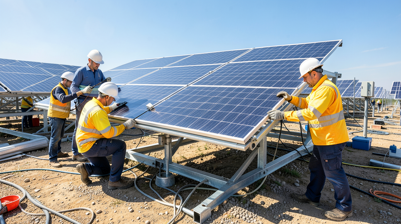centrale au sol photovoltaique en cours d'installation avec des techniciens posant les modules solaires.