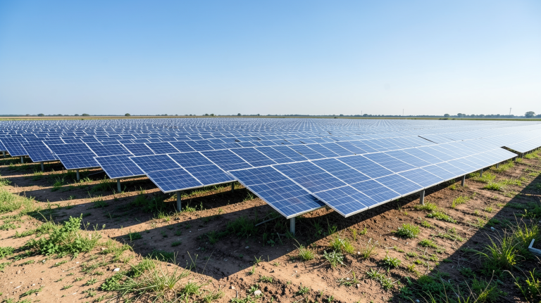 centrale au sol photovoltaique avec rangées de panneaux solaires sous un ciel bleu éclatant