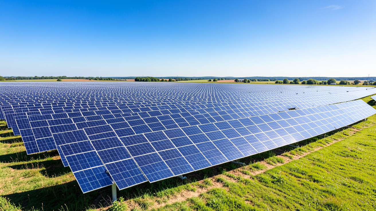 centrale au sol photovoltaique composée de vastes rangées de panneaux solaires installées dans un champ sous un ciel clair.