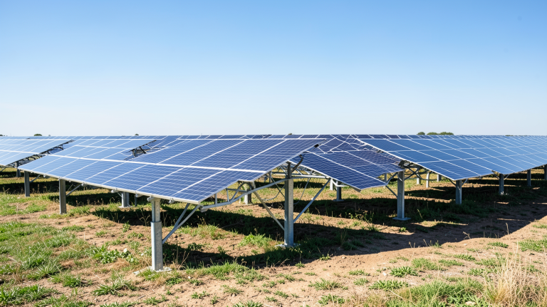 centrale panneaux photovoltaïques installée dans un champ ensoleillé avec des rangées de panneaux solaires alignés