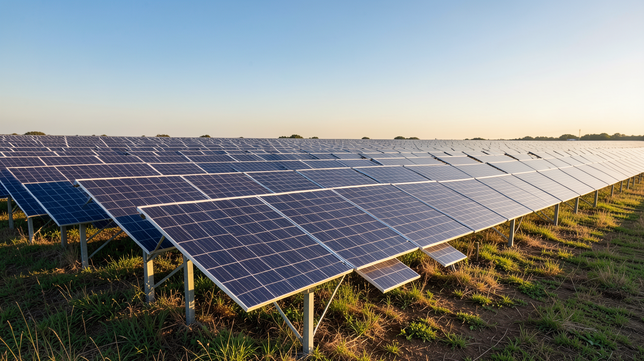 centrale de panneaux photovoltaïques installée dans un champ ensoleillé avec des milliers de modules solaires alignés