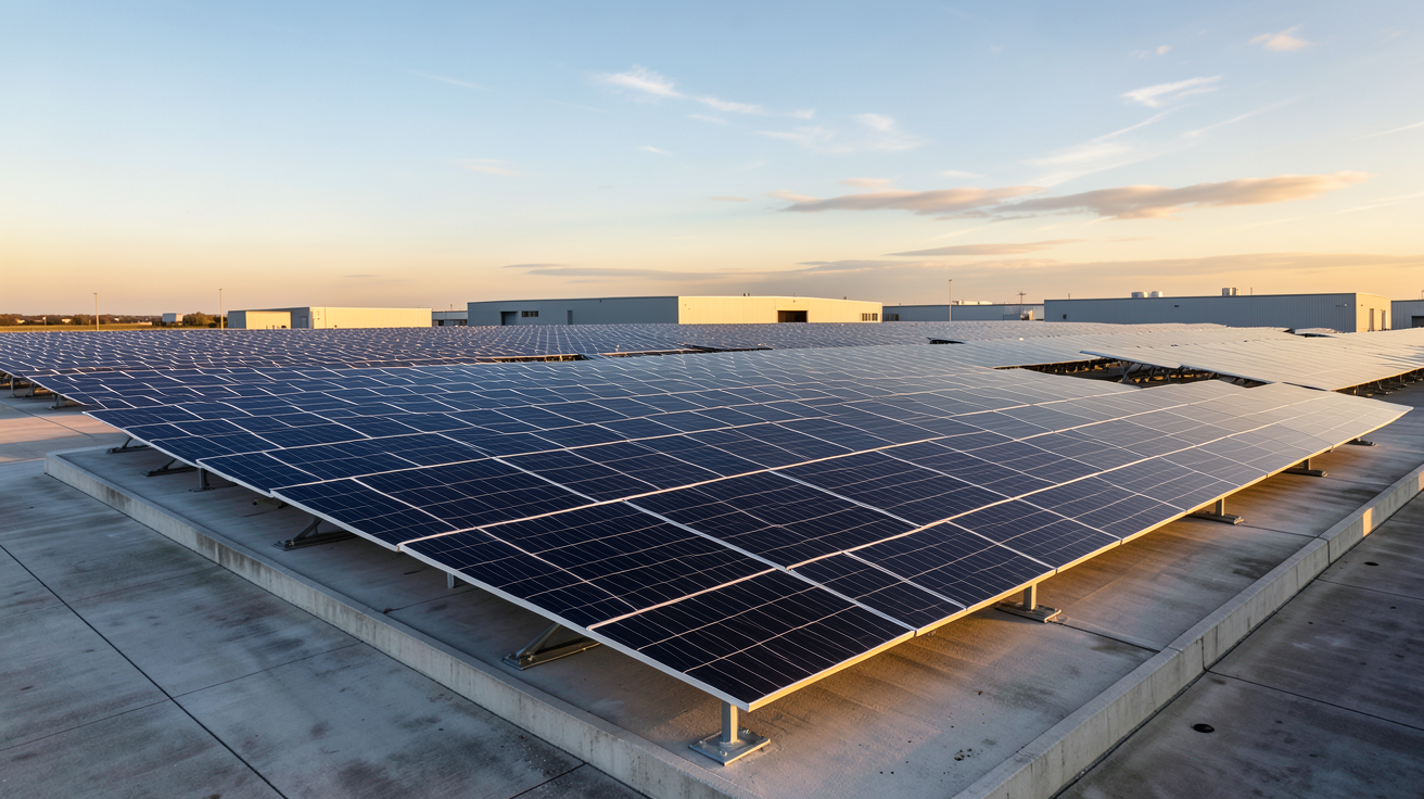 centrale panneaux photovoltaïques moderne installée sur un toit industriel en France dans le cadre d'une étude de cas réussie avec Prime Énergie Rénovation