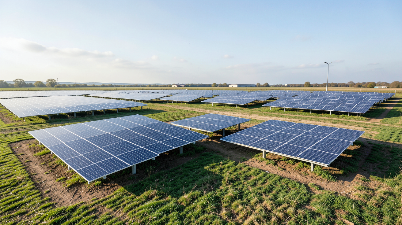 centrale panneaux photovoltaiques montrant plusieurs types d'installations solaires, panneaux fixes, à suivi solaire et au sol, sous un ciel clair