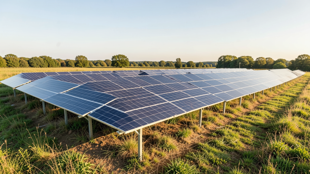 centrale photovoltaique au sol dans un champ ensoleillé avec panneaux photovoltaïques alignés