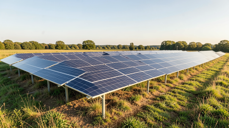centrale photovoltaique au sol dans un champ ensoleillé avec panneaux photovoltaïques alignés