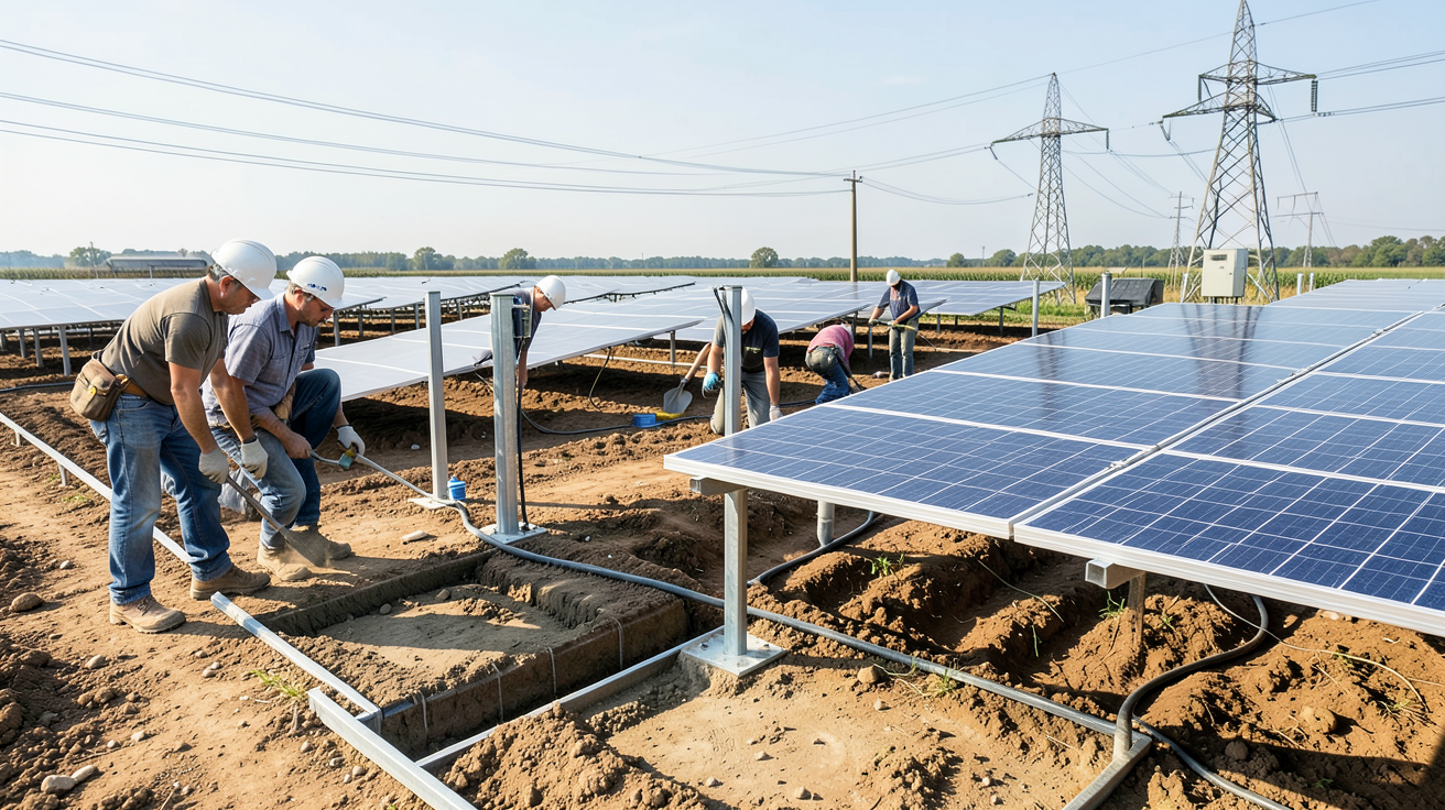 centrale photovoltaique au sol étapes clés pour l'installation : étude de faisabilité, fondations, montage des structures, pose des panneaux et raccordement