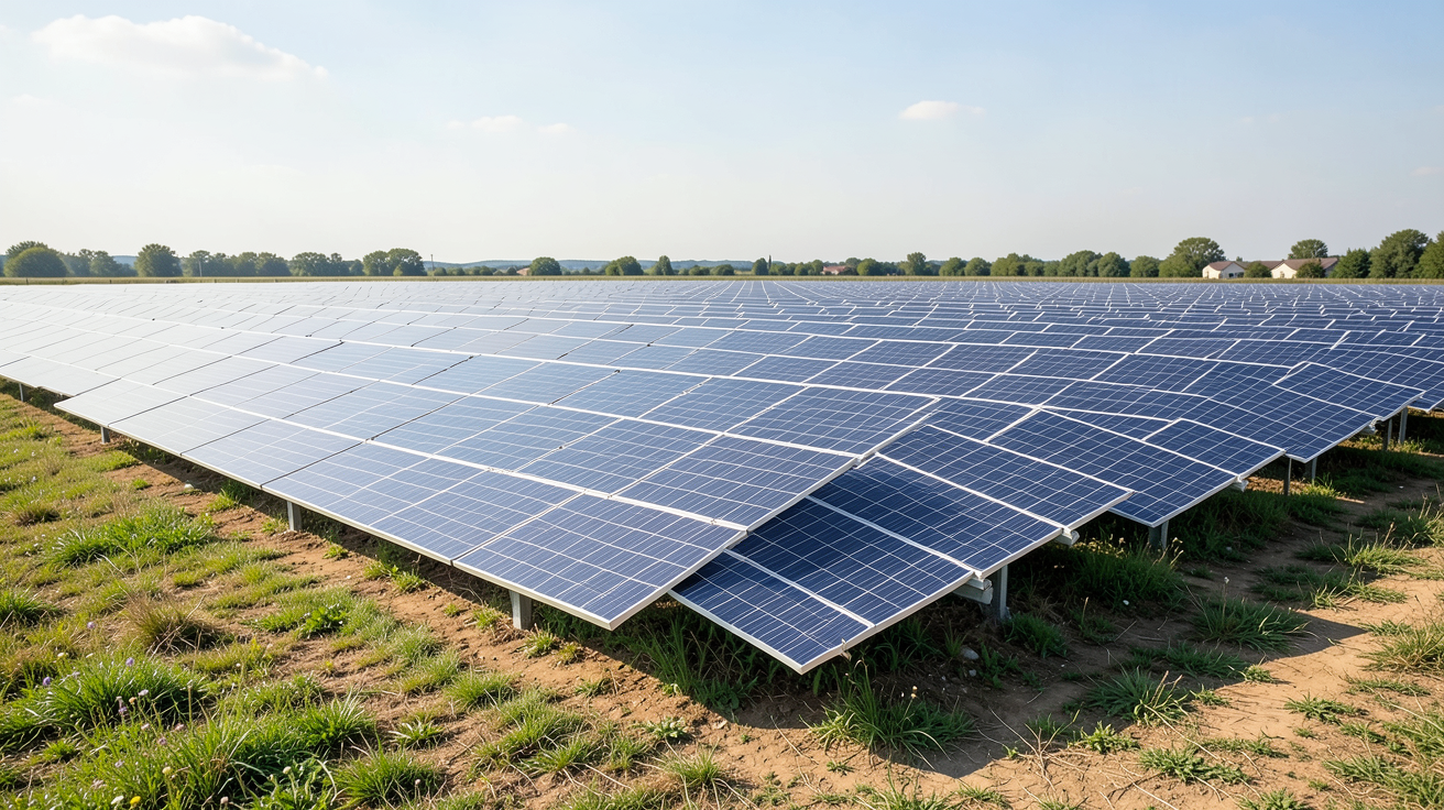 centrale photovoltaique au sol installée sur un terrain plat et ensoleillé avec des panneaux alignés