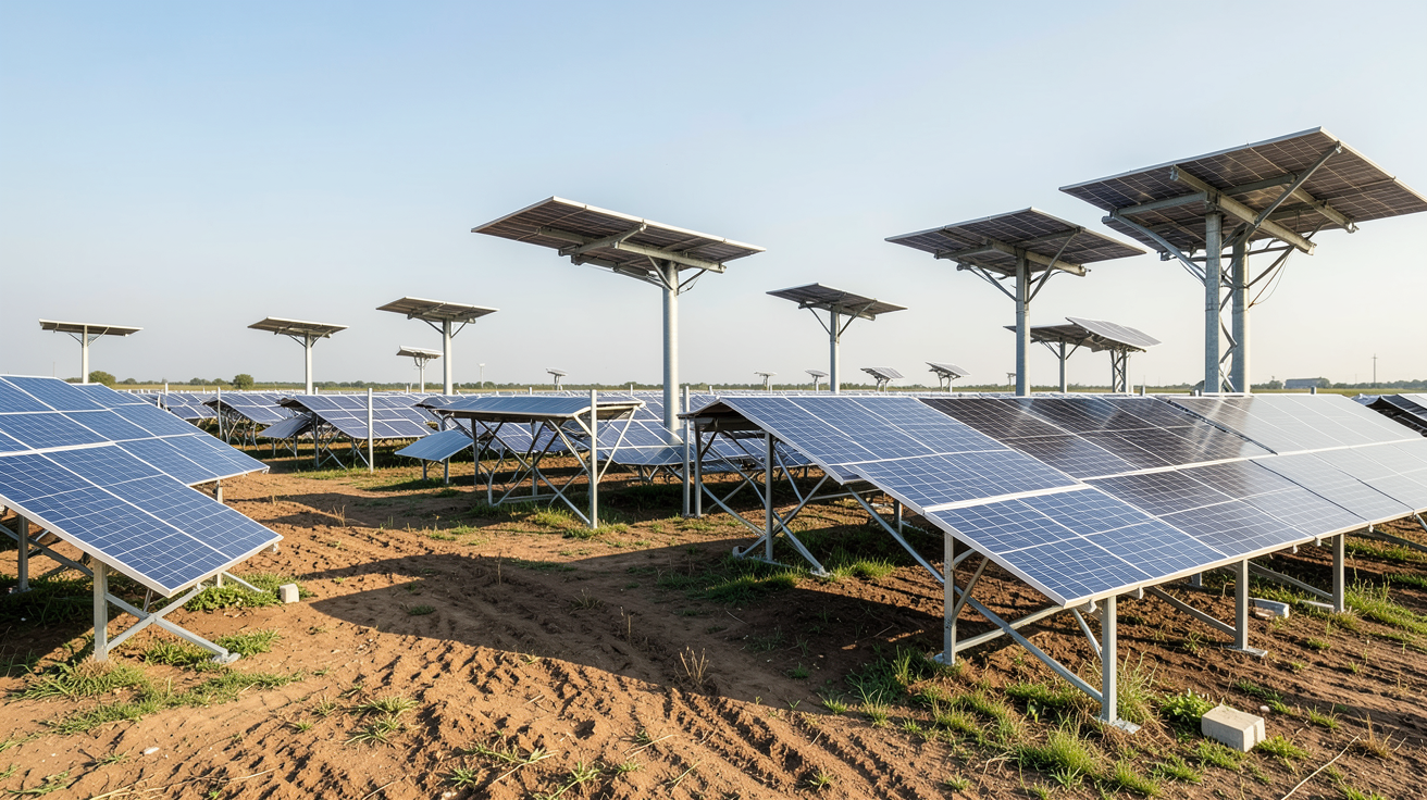 centrale photovoltaique au sol montrant différents types d'installations au sol : fixé, suiveur uniaxial, suiveur biaxial et panneaux bifaciaux