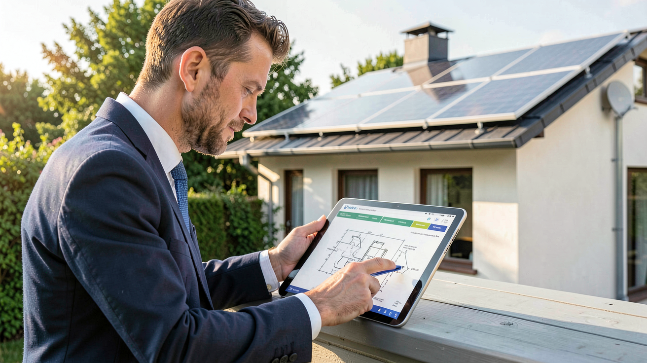 centrale photovoltaïque en autoconsommation avec ingénieur calculant la puissance nécessaire sur une tablette