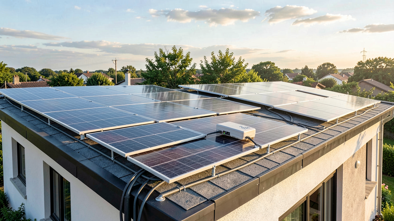 centrale photovoltaïque en autoconsommation installée sur le toit d'une maison individuelle avec panneaux solaires et onduleur