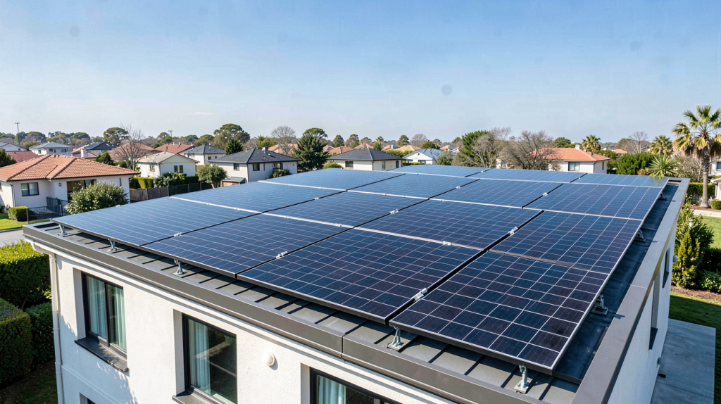 centrale photovoltaïque en autoconsommation installée sur le toit d'une maison individuelle avec des panneaux solaires noirs