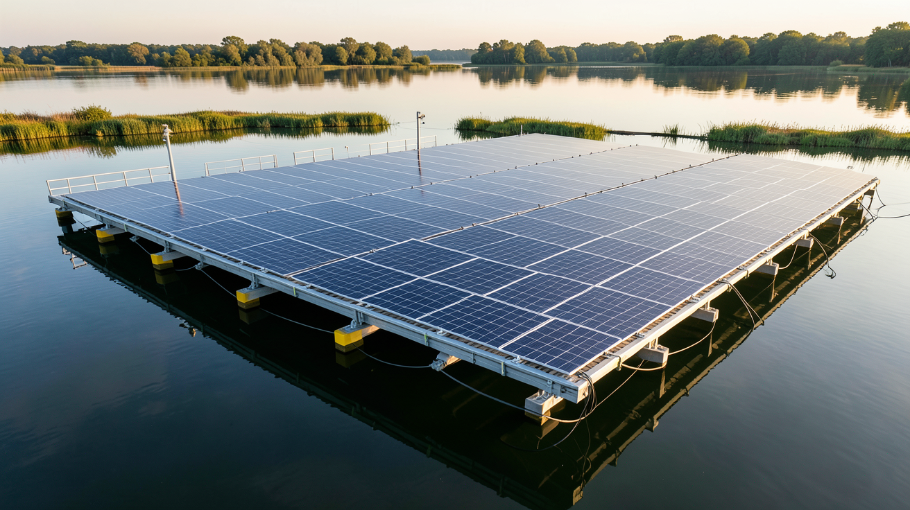 centrale photovoltaïque flottante installée sur un lac avec panneaux solaires alignés