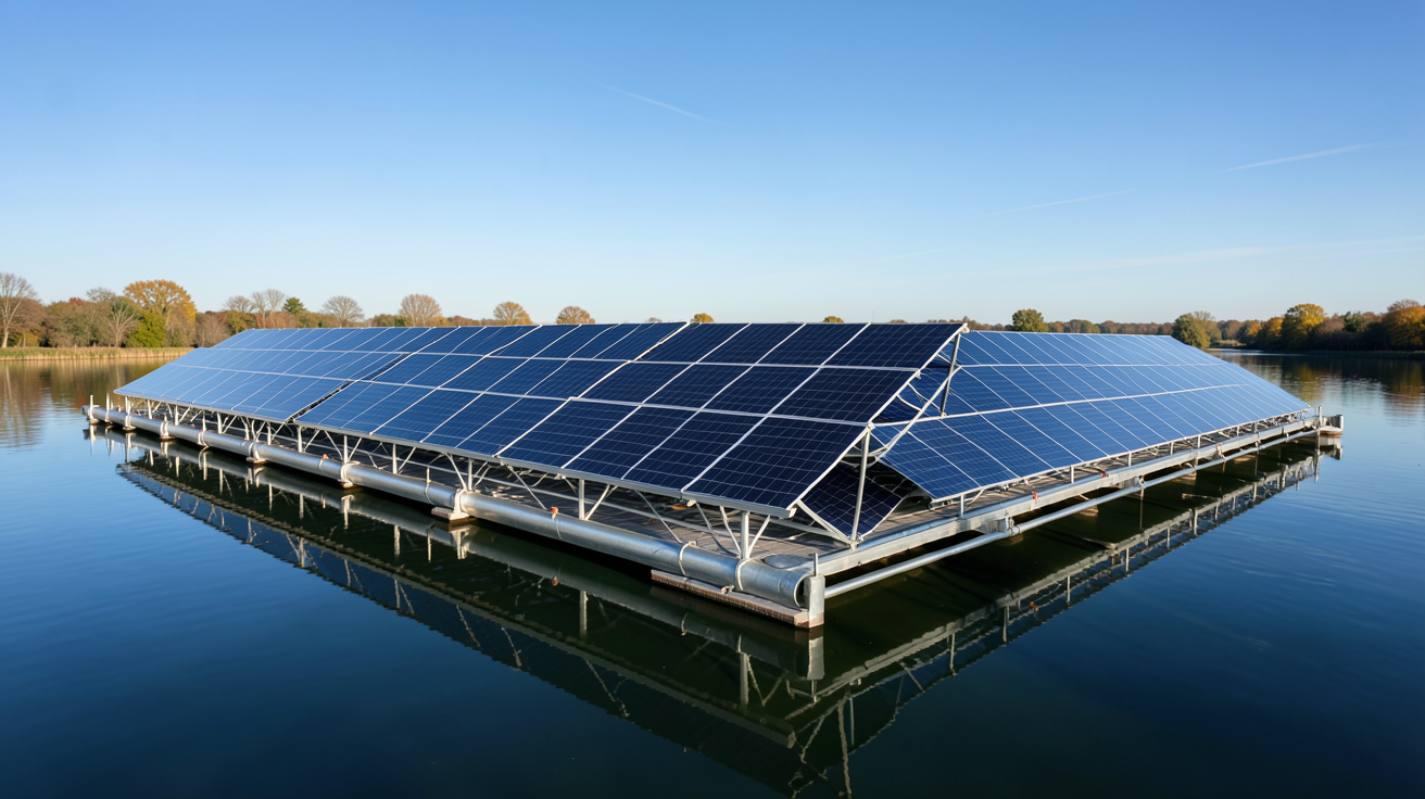 centrale photovoltaïque flottante installée sur un lac en France, avec des panneaux solaires alignés et une structure flottante