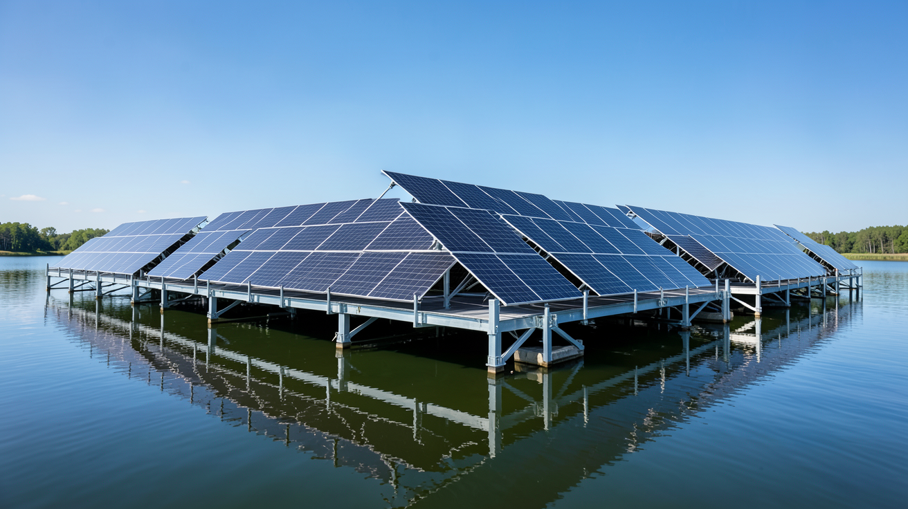 centrale photovoltaïque flottante installée sur un lac ensoleillé avec des panneaux solaires noirs alignés
