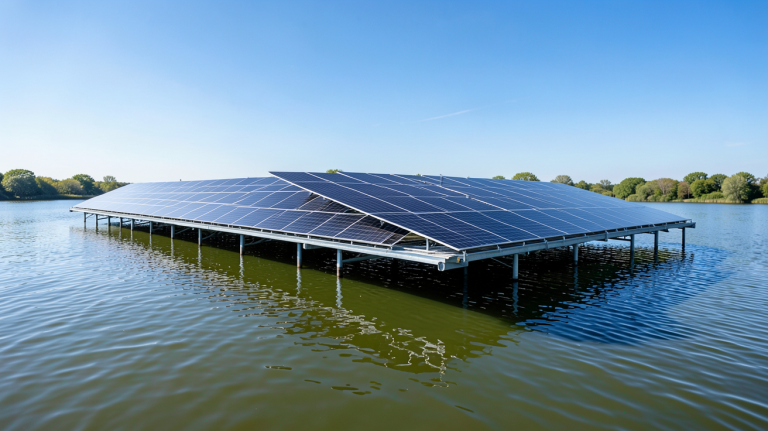 centrale photovoltaïque flottante installée sur un lac ensoleillé avec des panneaux solaires noirs reflétant le ciel