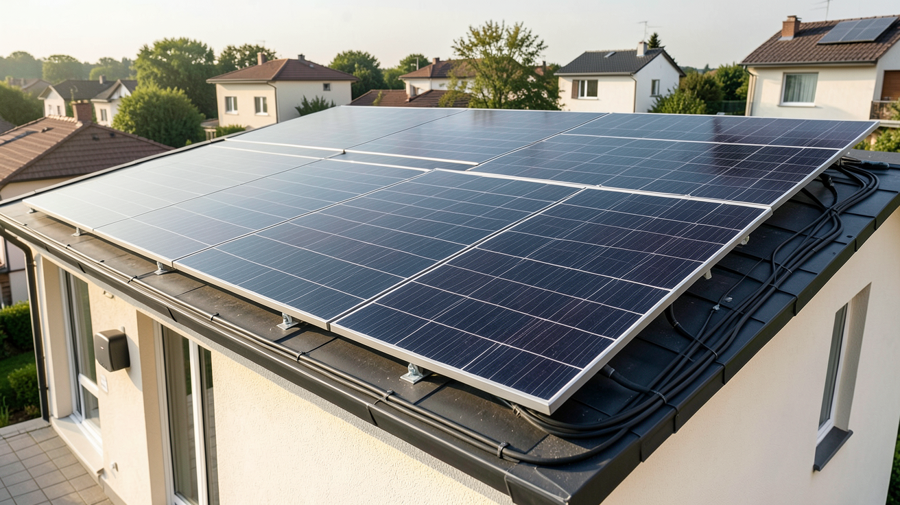 centrale photovoltaïque particulier montrant les composantes essentielles d'une installation sur le toit d'une maison