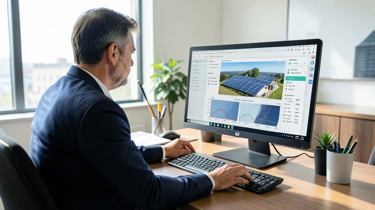 centrale photovoltaïque particulier en cours de dimensionnement avec calcul de puissance et simulation de production sur écran d'ordinateur