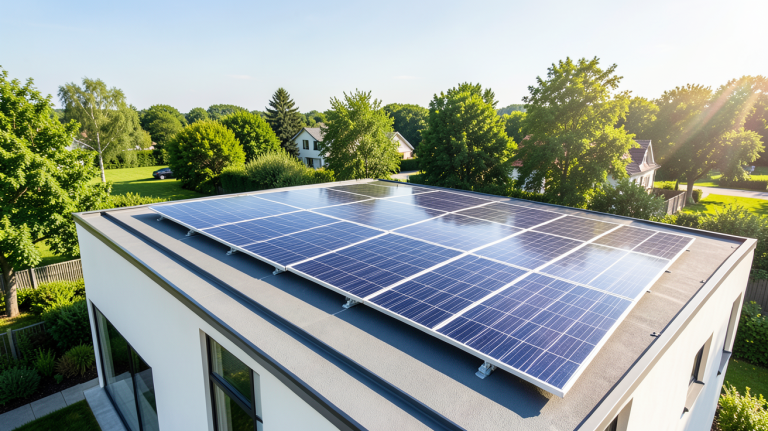 centrale photovoltaïque particulier installée sur le toit d'une maison moderne
