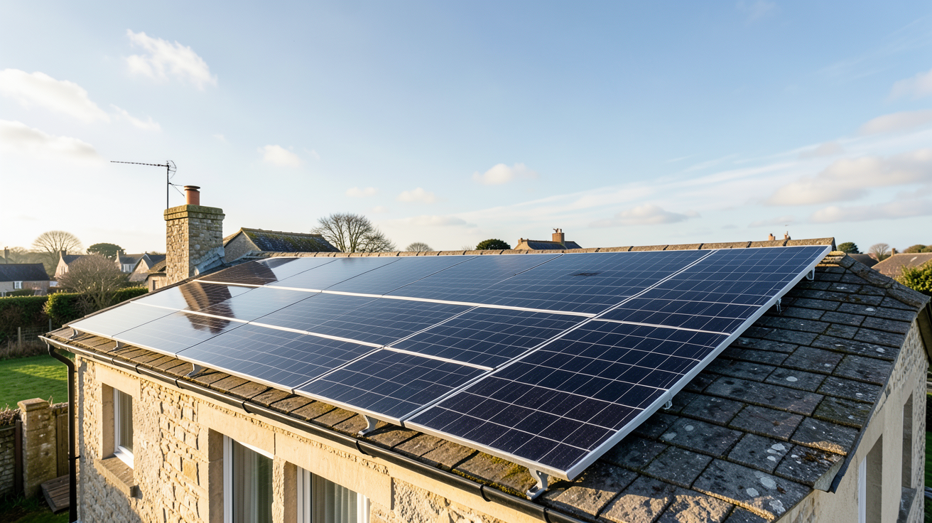 centrale photovoltaïque particulière installée sur le toit d'une maison individuelle en Bretagne