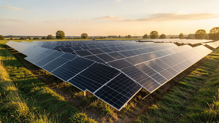 centrale photovoltaïque de taille moyenne installée dans un champ ensoleillé avec des panneaux solaires noirs alignés