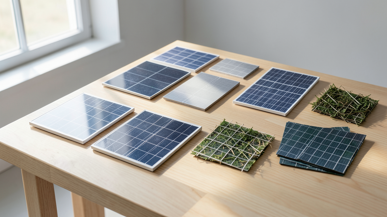centrale photovoltaïque prix comparatif par type de technologie présenté sur un tableau en bois avec échantillons de panneaux solaires monocristallins, polycristallins et à couches minces