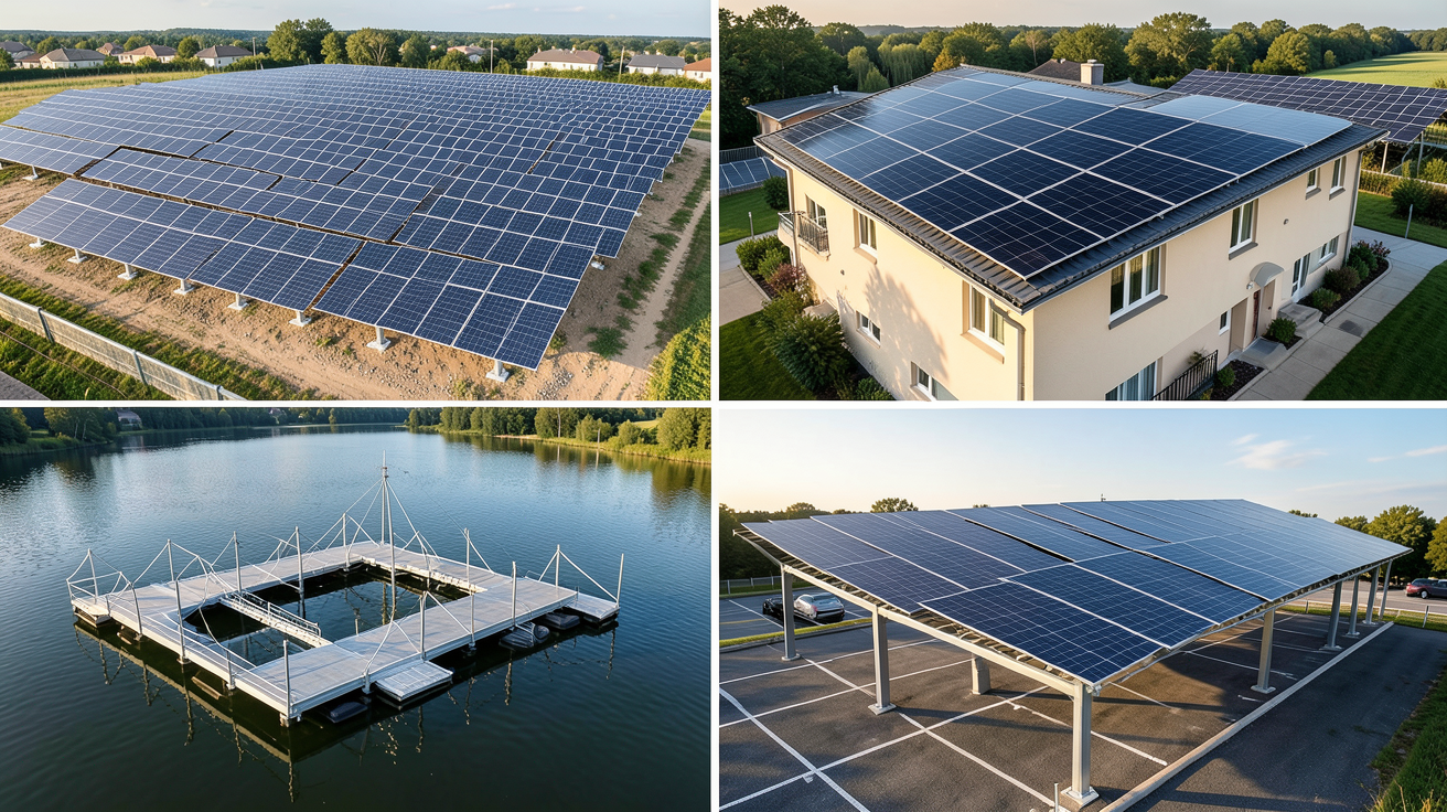 centrale photovoltaïque montrant quatre types d'installations : au sol, toiture, flottant et ombrières