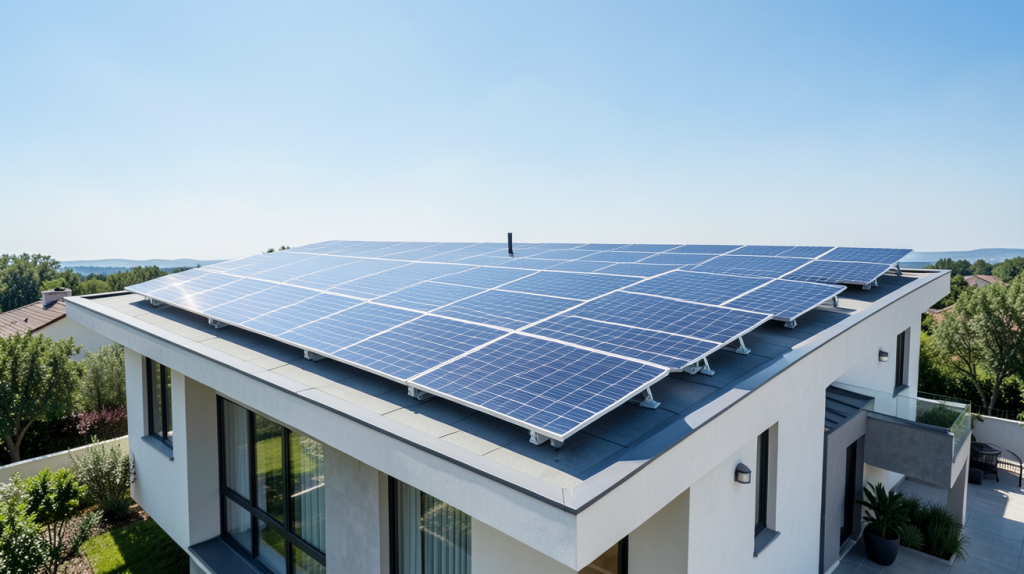 centrale solaire particulier installée sur le toit d'une maison résidentielle moderne