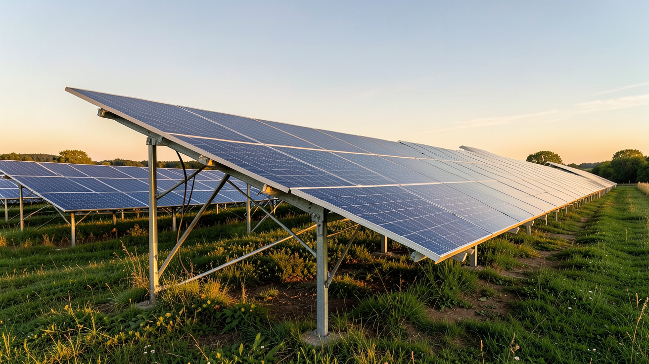 centrale solaire photovoltaïque composée de panneaux solaires alignés dans un champ rural en France