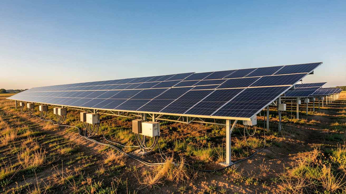 centrale solaire photovoltaïque de grande taille installée dans un champ ensoleillé, panneaux solaires noirs alignés en rangées