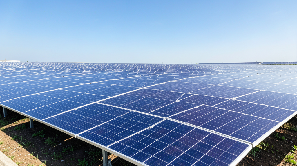 centrale solaire photovoltaïque affichant de larges rangées de panneaux solaires brillants dans un parc solaire, sous une lumière du jour nette.