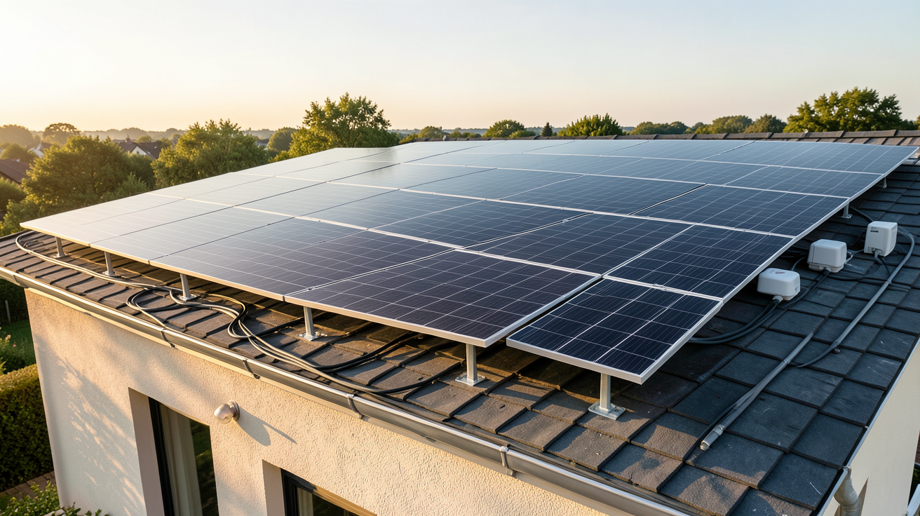 centrale solaire photovoltaïque pour particulier avec panneaux solaires sur toit de maison et onduleurs modernes