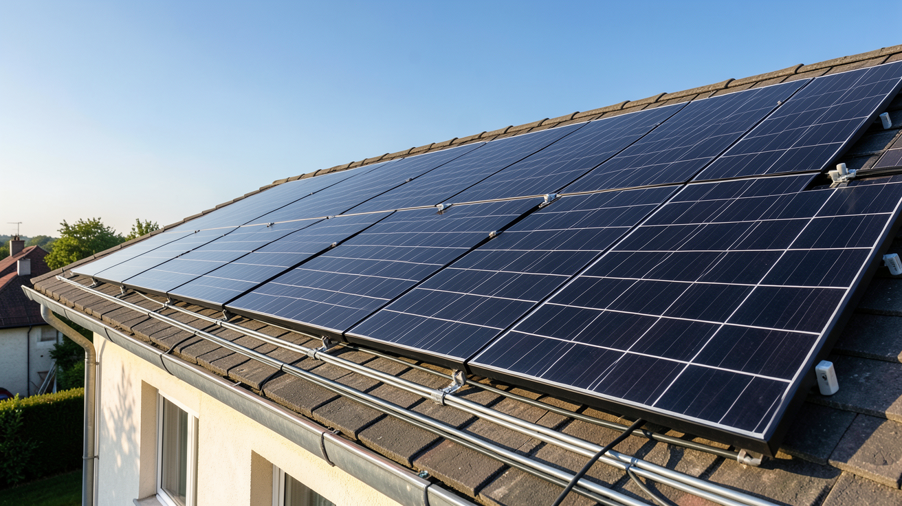 centrale solaire photovoltaïque pour particulier installée sur le toit d'une maison individuelle